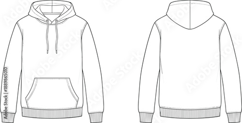 Hoodie sweatshirt technical flat sketch front and back view minimal outline vector illustration for fashion apparel design template