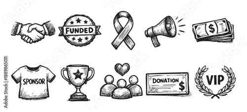 Hand-drawn vector icons representing charity, donation, sponsorship, featuring handshake, awareness ribbon, trophy, money, suitable for social campaigns.