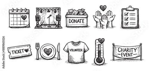 Hand drawn icons of charity event elements like concert, donation box, calendar, ticket, food, volunteer and thermometer representing fundraising events.