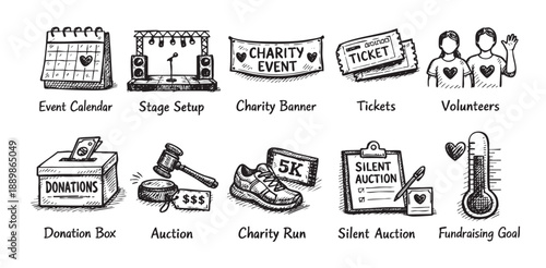 Hand-drawn style sketches illustrate charity events including fundraising thermometer, volunteers, auction, donation box, calendar, stage setup, and more. Use for nonprofit promotions.
