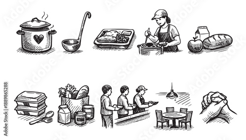 Hand drawn illustration depicts food bank donation, food preparation, meals and prayers, showing generosity and community support with a simple black and white aesthetic.