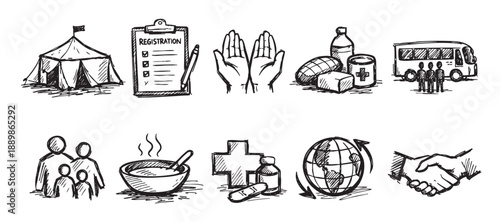 Illustrated sketch icons representing humanitarian aid, including shelter, registration, love, food, travel, healthcare and location assistance. Black and white drawing style.