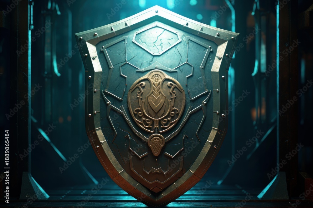 Fototapeta premium Ornate metallic shield illuminating a mysterious dark background, symbolizing defense and security