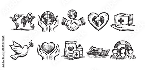 Black and white sketch-style icons illustrate global charity, including world maps, hands holding the earth, hearts, medical supplies, and humanitarian aid, suggesting international support.