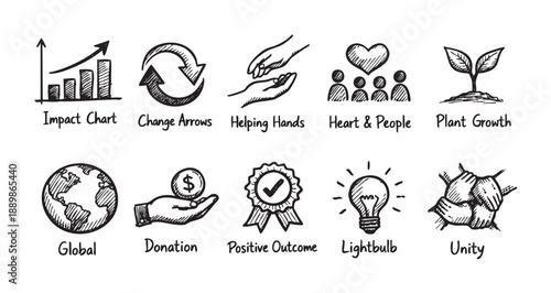 Set of hand-drawn icons depicting growth, community, global impact, positive outcomes, and unity, conveying a message of collaboration and positive change.
