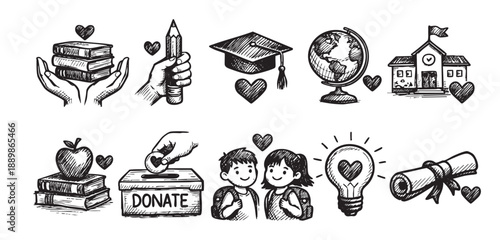 A set of sketched icons representing education, including books, school, donation, and graduation, rendered in a hand-drawn style on a white background.