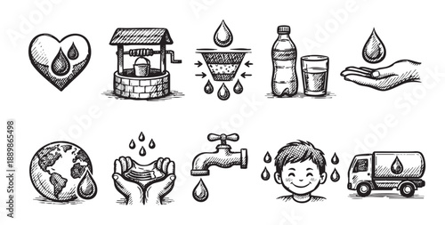 Black and white sketch illustration showing water conservation, usage, purification, and importance for environment, health, and human well-being.