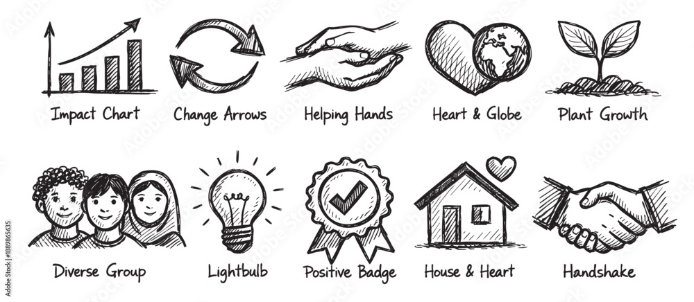 Obraz premium Hand-drawn sketch set featuring icons such as chart, arrows, hands, diverse group, globe, lightbulb, handshake, and plant growth; symbolizing positive change and community.