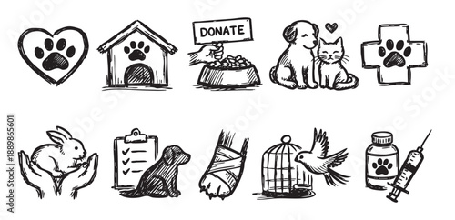 Black and white illustration displays animal welfare icons, showing care, medicine, and animal shelters suitable for pet adoption, animal rights or veterinary clinic promotion.