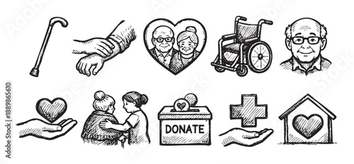 This illustration shows a black and white sketch icon set for elderly care, featuring assistance, donation, wheelchair, nursing, home care, and medical support, symbolizing support and compassion.