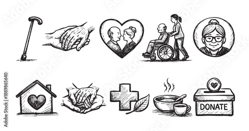 Black and white hand-drawn illustration depicts symbols of elderly care, love, support, medical help, food, home and charity, suggesting community and caregiving resources.