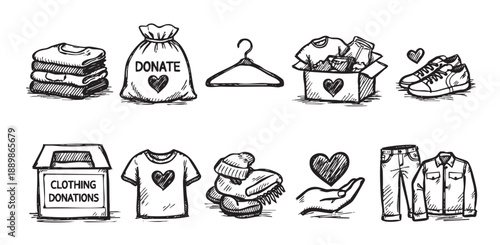 Black and white sketches showcase clothing donations: clothes, bag, box, shoes, with donate writing and heart symbols, for illustrating giving, charity, and volunteer work.