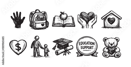 This black and white sketched illustration represents education support, charity, and community investment through symbolic hand-drawn icons of resources and services.