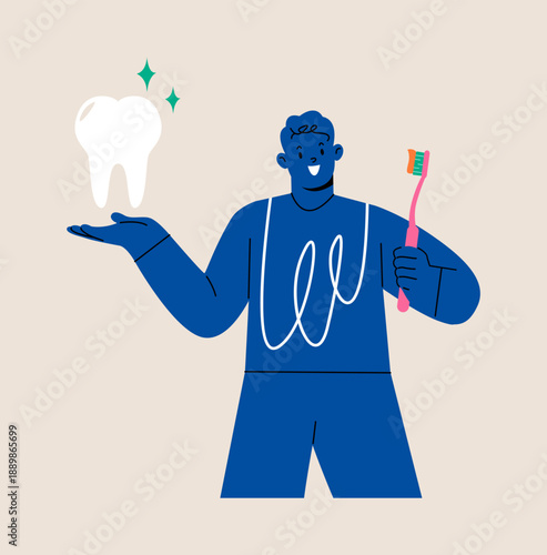 Man holding a toothbrush and a white tooth. Brushing Teeth. Colorful vector illustration