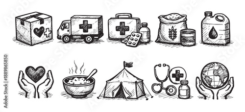 A detailed sketch illustration showcasing various humanitarian aid supplies, including a box, truck, medical kit, food, water, shelter, and global support.