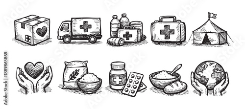 Sketch style illustration showing humanitarian aid supplies like food, medicine, transport and shelter needed for disaster relief support.