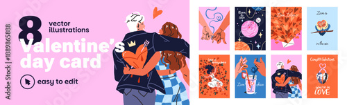 Designs of Valentine Day greeting cards set. Cute templates of postcards for February 14. Festive layouts with hearts, couples falling in love and romantic feelings. Flat vector illustrations