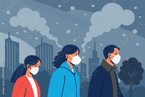 City Mask Wearers Air Quality Alert Illust
