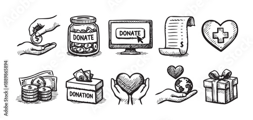 A sketch-style illustration displays hand-drawn icons relating to donations, charity, and fundraising, including cash, hearts, and donation boxes.