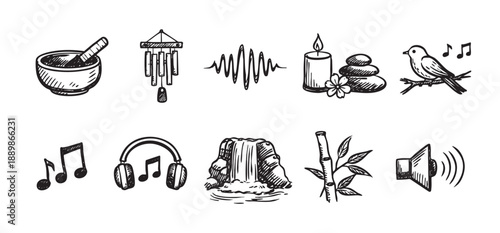 Black and white illustrations convey relaxation and sound therapy including a mortar, wind chimes, sound waves, candle, music notes, waterfall, and speaker.