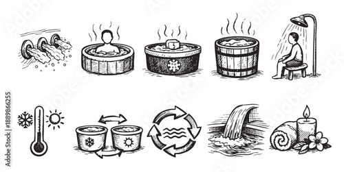 Hand-drawn illustrations depict hot spring elements, including bathers, wooden tubs, waterfalls, temperatures, and towel, offering a spa and wellness concept in a sketchy style.