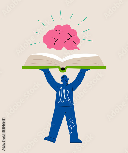 Man open text book with big human brain above. Colorful vector illustration