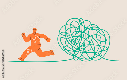 Man run came out of the tangle. Difficult situation concept. Colorful vector illustration