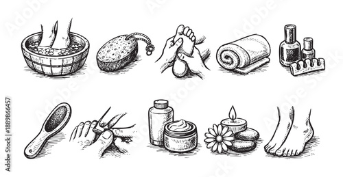Hand-drawn sketch illustration shows spa elements like foot massage, foot bath, pedicure, nail polish and spa stones, for beauty and wellness concepts.