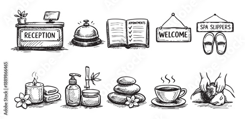 Hand-drawn doodles of spa elements, including reception, welcome sign, massage, slippers, candle, and beauty products isolated on white, suitable for illustrating wellness and relaxation.