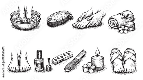 Collection of sketched elements, showing feet in foot bath, sponge, cream, towel, nail polish, file, candle, and slippers on a white background.