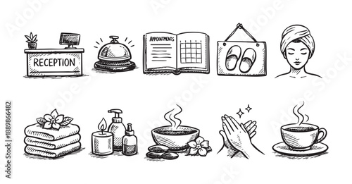 Hand-drawn spa and wellness icons with reception, appointment book, towels, candles, lotion, and hot drink in simple line art style.