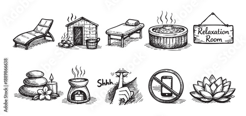 Hand drawn illustration featuring relaxation room, sauna, massage bed, hot tub, stones, candle, silence gesture and lotus flower elements in a spa and wellness theme.