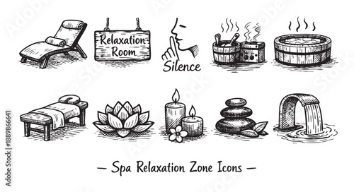 Hand-drawn spa relaxation themed icons collection isolated on white, featuring items like a massage table, lounge chair, candles and hot tub in sketch style.
