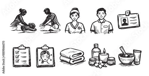 Black and white sketch icons depicting massage, spa staff, client forms, towels, oils, and candles create a relaxing and therapeutic illustration for wellness concepts.