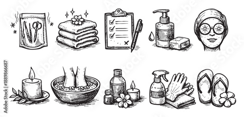 A black and white sketch depicting spa treatments, including hot towels, face masks, pedicure bowl, and massage oils. Ideal for illustrating wellness and beauty services.
