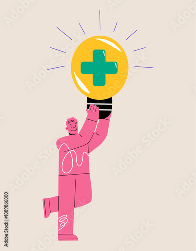 Man standing with bright light bulb idea with positive sign. Colorful vector illustration
