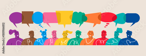 People talking together. Happy men and women. Teamwork concept. Colorful vector illustration