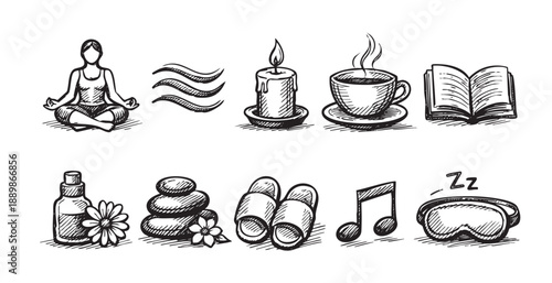 Black and white sketch illustration depicting various elements associated with wellness and relaxation, including yoga, aromatherapy, reading, and sleep.