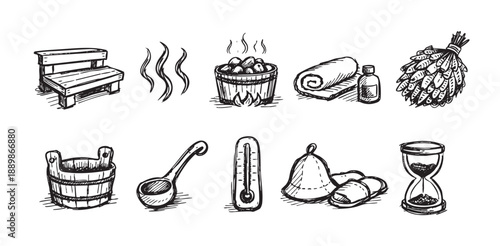 Black and white sketch vector illustration of sauna accessories, like wooden bench, towel, hourglass, thermometer. Perfect for spa, healthy lifestyle, or relaxation concepts.