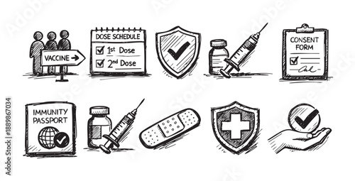 A collection of hand-drawn vaccination related icons includes vaccine, dose schedule, immunity passport, consent form and health. Isolated on white background, used for awareness.