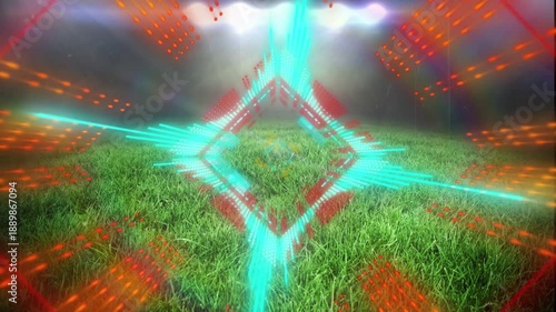 Animation of neon glowing tunnel with data processing on black background