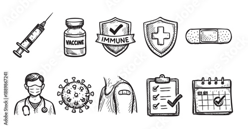 Doodle vector illustration shows vaccine, syringe, immunity shields, doctor, virus, and calendar, suitable for depicting health, vaccination campaigns, and medical reminders.