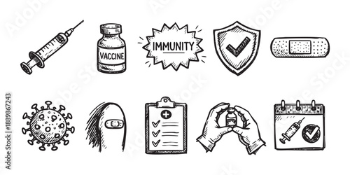 Hand-drawn style vector illustration shows syringe, vaccine vial, immunity symbol, and other medical symbols to promote vaccination.