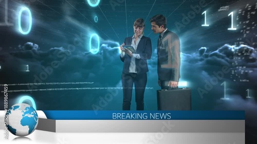 Breaking news of caucasian business partners discussing with digital tablet over clouds with coding