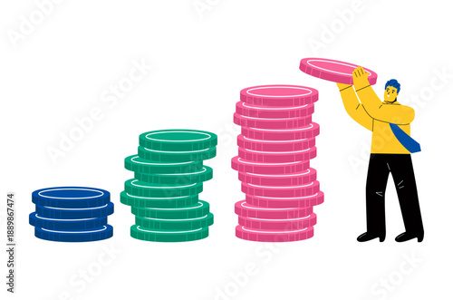 Profit, success, salary, bonus concept. Business man puts coins in a pile. Flat vector illustration isolated on white background