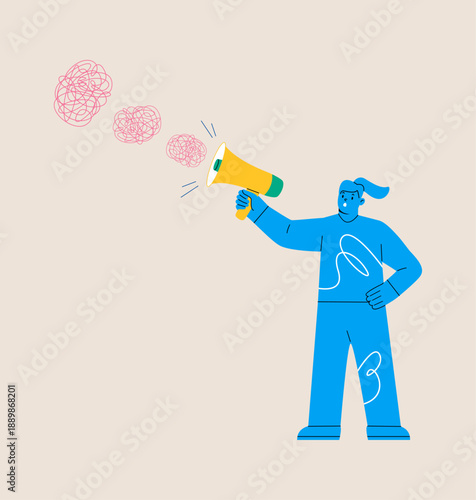 Woman holding megaphone talking through messy chaos. Miscommunication concept. Colorful vector illustration