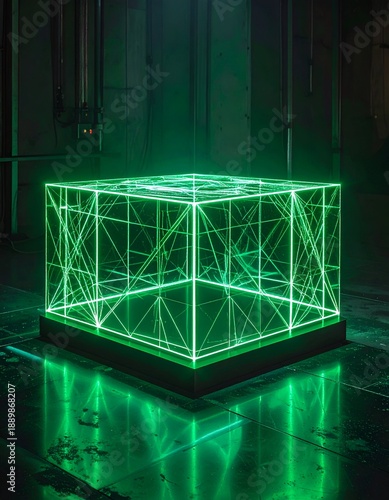 Luminous green cube sculpture with internal geometric lines, dark room