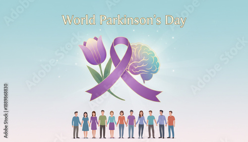 World Parkinson's Day Illustration with Purple Ribbon and Pink Tulips