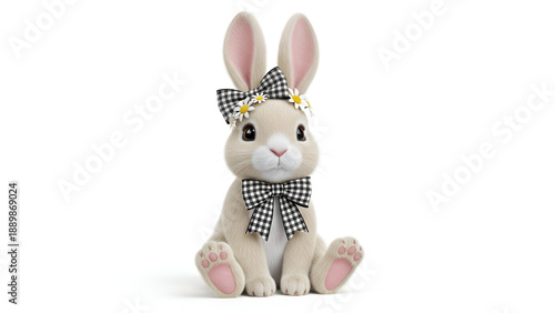 Adorable bunny with black and white bow and daisies on head