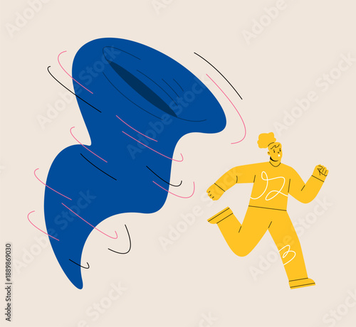 Woman running away from tornado. Colorful vector illustration